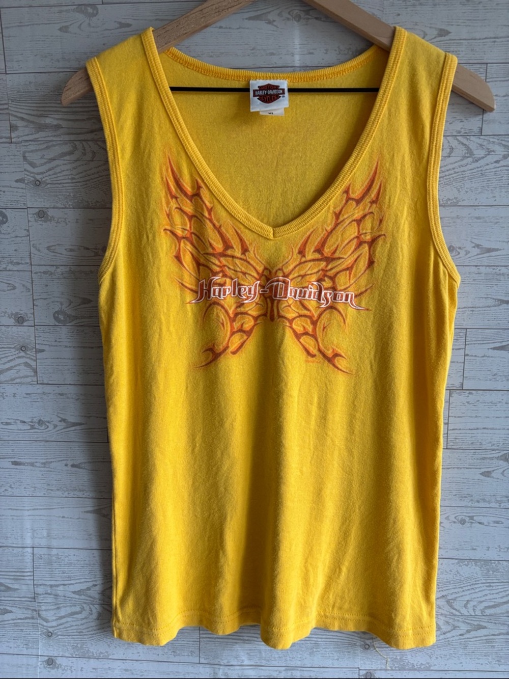 Harley Davidson Yellow Vintage Tank Top shirt flames women’s‎ XL Marion Illinois